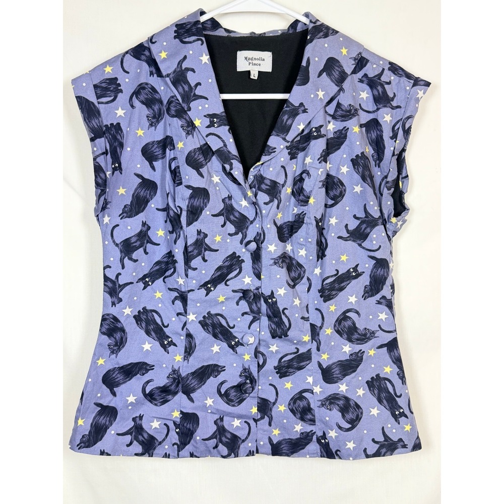 Magnolia Place Black Cat Star Print Cotton Vest Top Blue Celestial Kitschy Large
